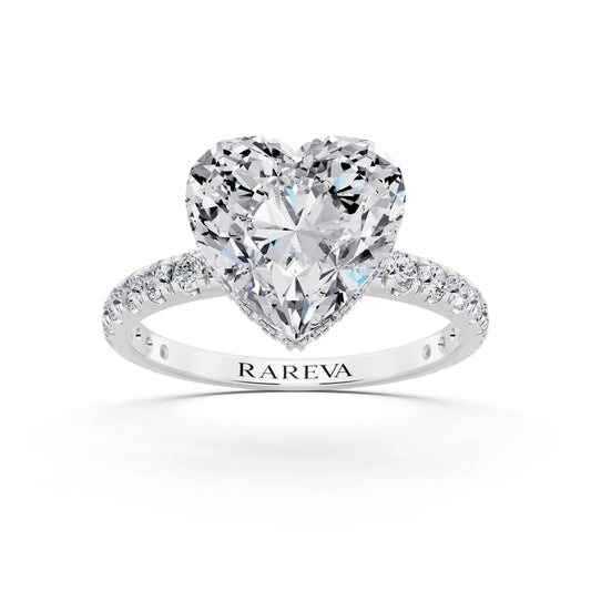 14 KT White Gold Heart Cut Diamond Solitaire Ring with Hidden Halo and French Pave Band - front view