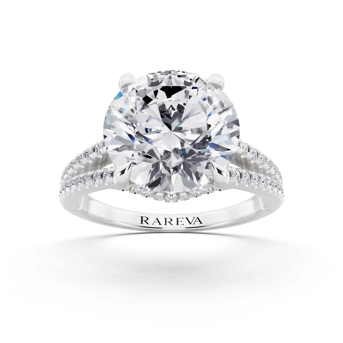 18 KT White Gold Round Cut Diamond Ring with Pavé Split Shank - front view