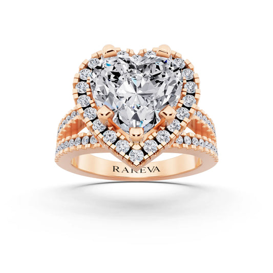 14 KT Rose Gold Heart Cut Diamond Halo Ring with Pave Split Shank - front view