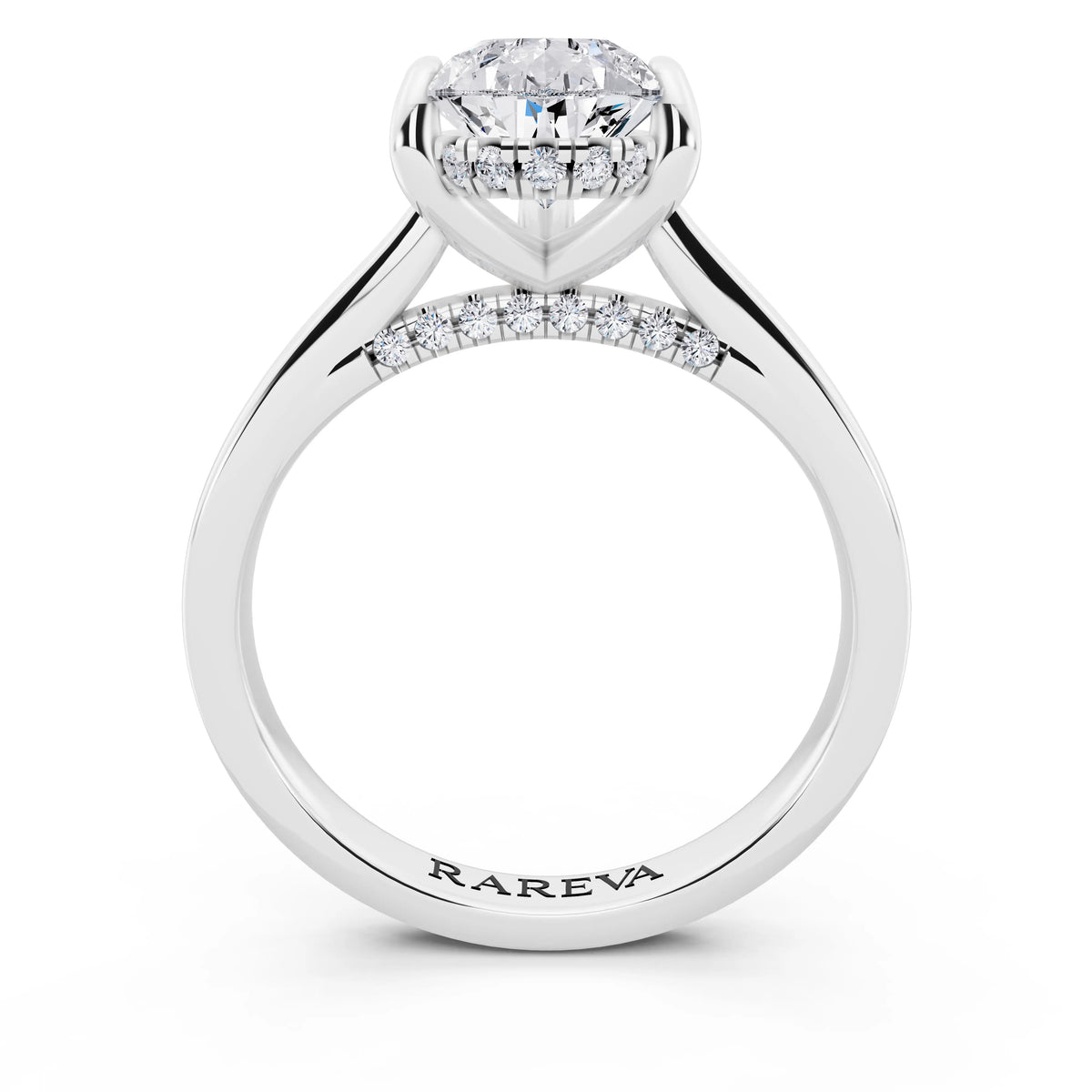 Platinum Pear Cut Diamond Solitaire Ring with Cathedral Band - through finger