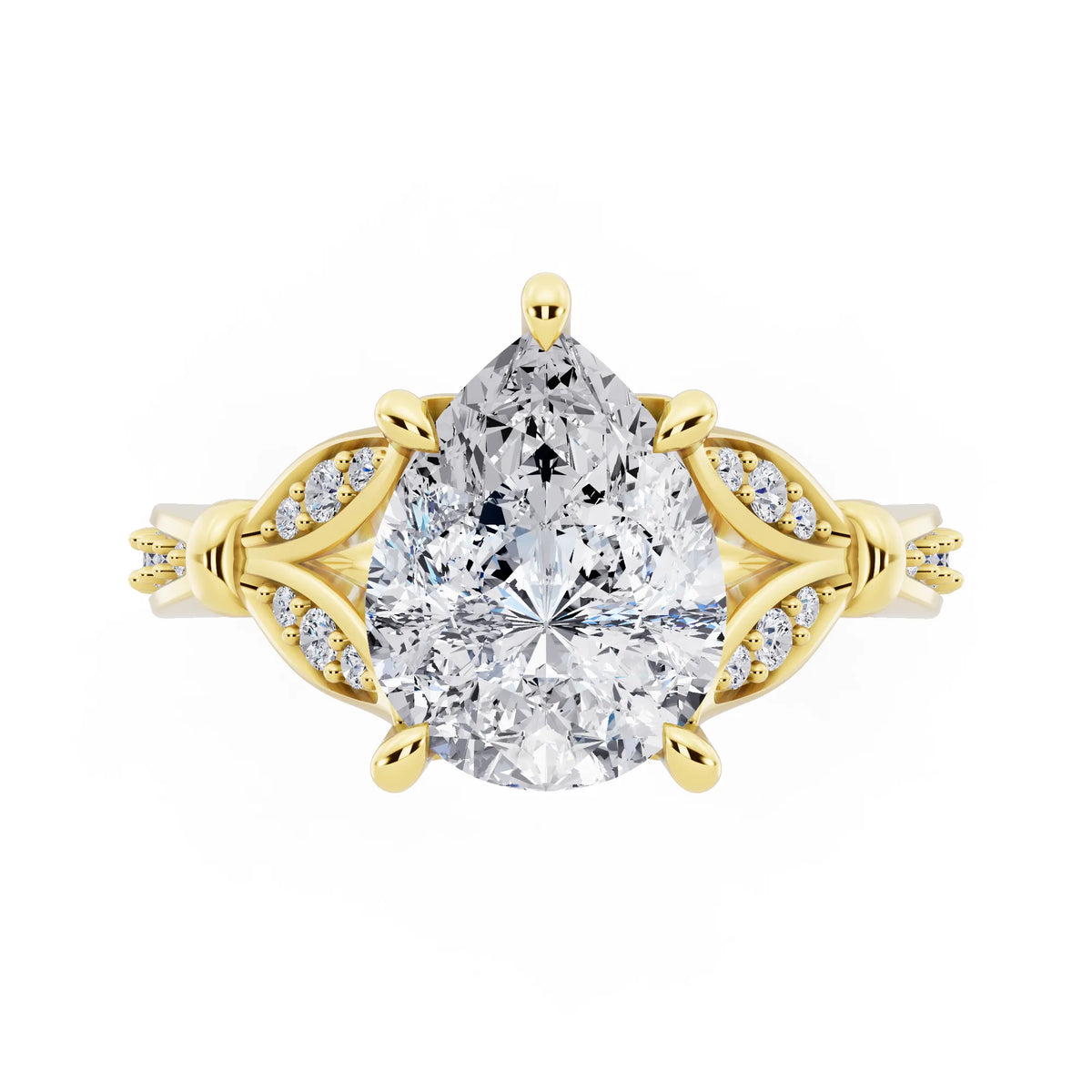 18 KT Yellow Gold Pear Cut Diamond Ring with Lotus Collar - top angle