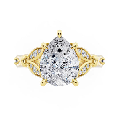 18 KT Yellow Gold Pear Cut Diamond Ring with Lotus Collar - top angle