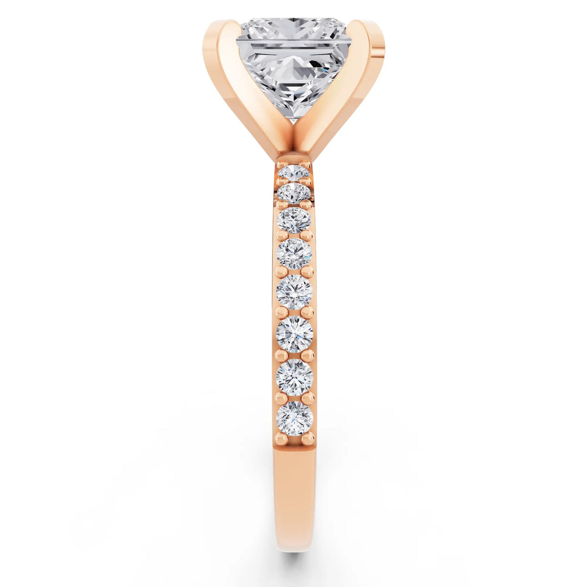 18 KT Rose Gold Princess Cut Diamond Solitaire Ring with Pave Shank - side view