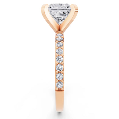 18 KT Rose Gold Princess Cut Diamond Solitaire Ring with Pave Shank - side view