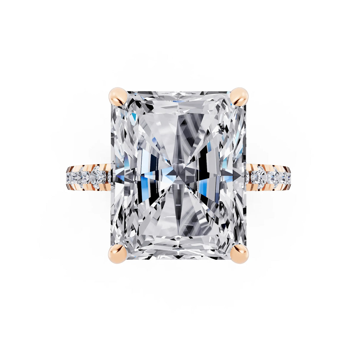 14 KT Rose Gold Radiant Cut Diamond Hidden Halo Tiger Prong Pave Band Ring - top angle