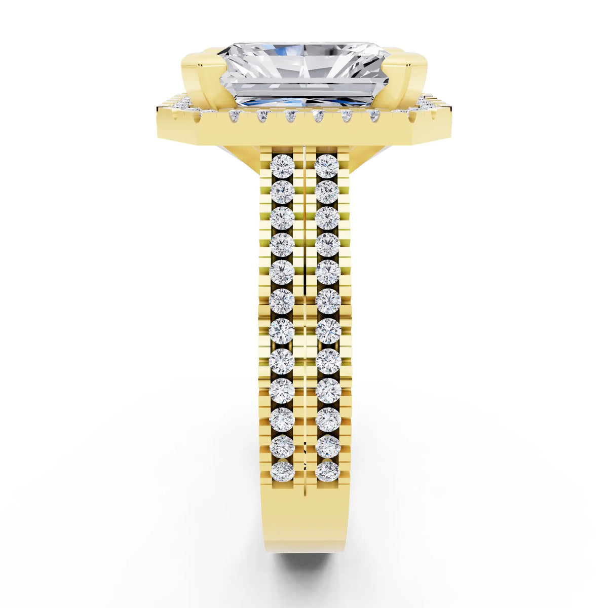 14 KT Yellow Gold Radiant Cut Diamond Halo Ring with Twin Pave Band - side view