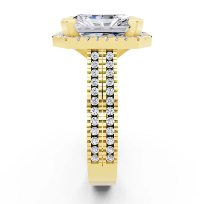 14 KT Yellow Gold Radiant Cut Diamond Halo Ring with Twin Pave Band - side view
