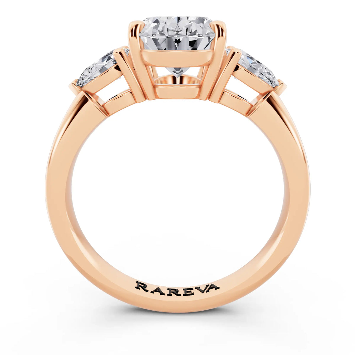 14 KT Rose Gold Oval Cut Diamond Three Stone Pear Accent Ring - through finger