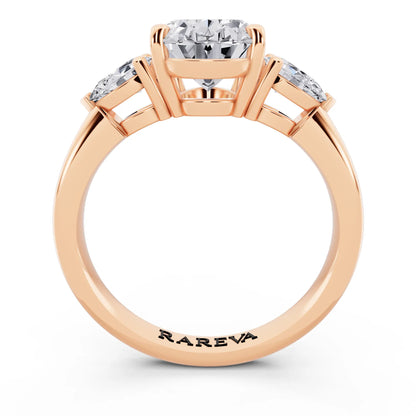 14 KT Rose Gold Oval Cut Diamond Three Stone Pear Accent Ring - through finger