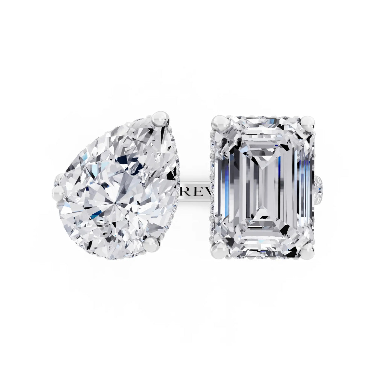 Platinum Emerald Cut Diamond Toi et Moi Ring with Pave Band - Top down