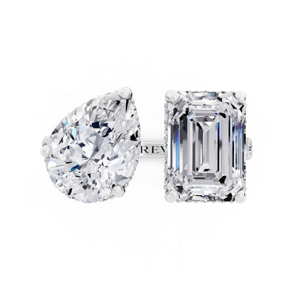 Platinum Emerald Cut Diamond Toi et Moi Ring with Pave Band - Top down