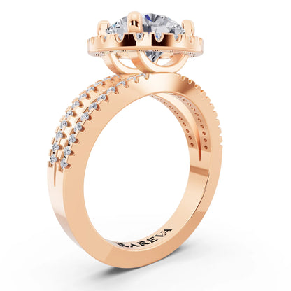 14 KT Rose Gold Round Cut Diamond Halo Ring with Pave Split Shank - top view
