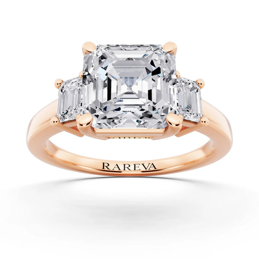 18 KT Rose Gold Asscher Cut Diamond Three Stone Emerald Accent Ring - front view