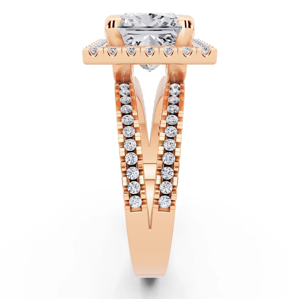 14 KT Rose Gold Princess Cut Diamond Halo Ring with Pave Split Shank - side view