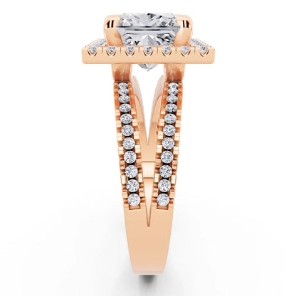 14 KT Rose Gold Princess Cut Diamond Halo Ring with Pave Split Shank - side view