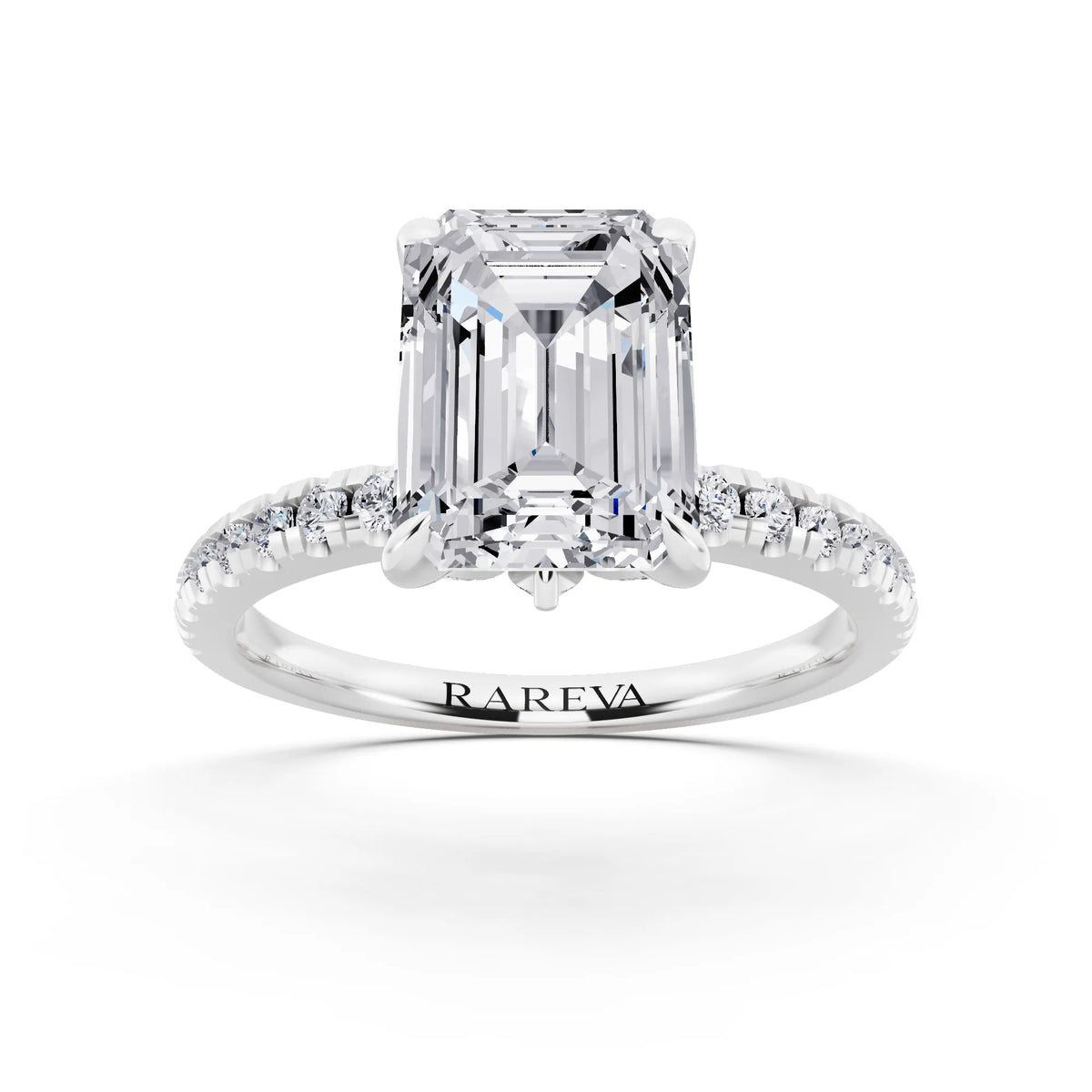 Platinum Emerald Cut Diamond Solitaire Ring with Marquise Collar - front view