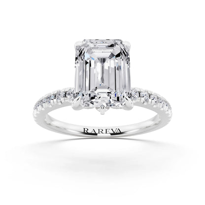 Platinum Emerald Cut Diamond Solitaire Ring with Marquise Collar - front view