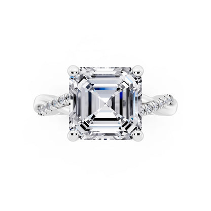 14 KT White Gold Asscher Cut Diamond Hidden Halo Ring with Twisted Pave Band - top angle