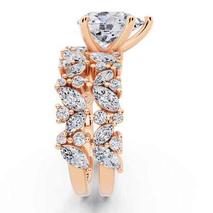 18 KT Rose Gold Pear Cut Diamond Ring with Marquise Cluster Band - side view