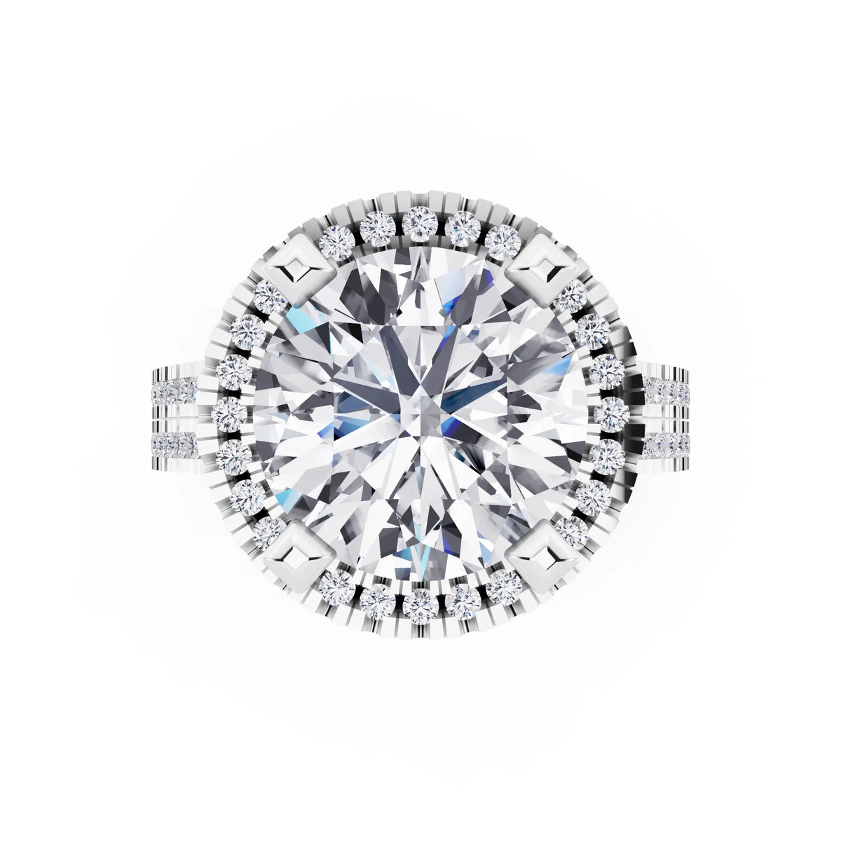 18 KT White Gold Round Cut Diamond Halo Ring with Twin Pave Band - top angle