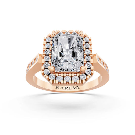 14 KT Rose Gold Radiant Cut Diamond Halo Ring with Bezel Accent Band - front view