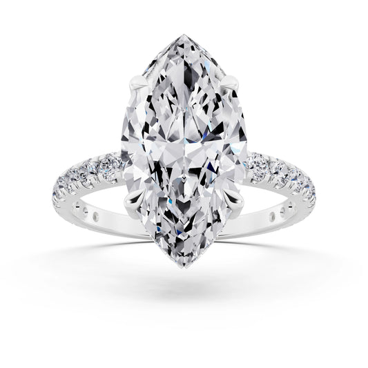 14 KT White Gold Marquise Cut Diamond Solitaire Ring with Hidden Halo and French Pave Band - front view