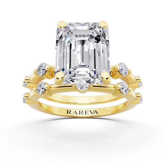 18 KT Yellow Gold Emerald Cut Diamond Ring with Floating Accent Band - front view