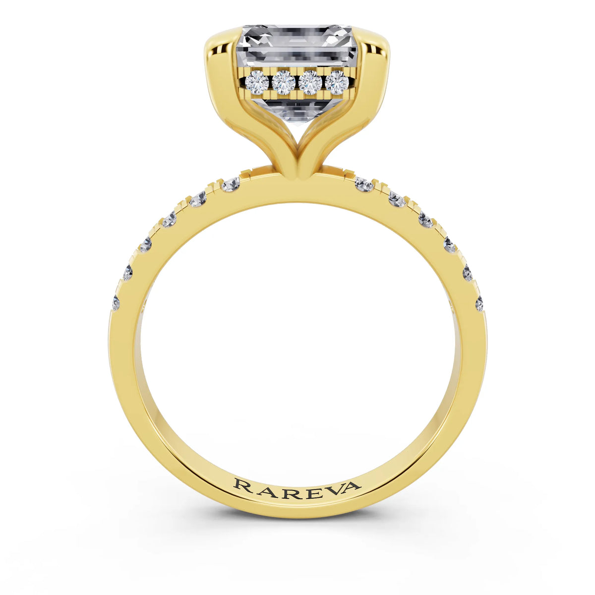 14 KT Yellow Gold Asscher Cut Diamond Solitaire Ring with Round Pavé Band and Prong Setting - through finger