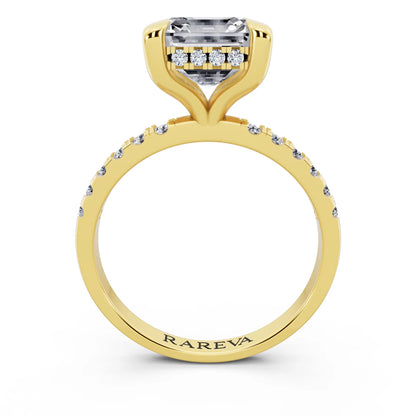 14 KT Yellow Gold Asscher Cut Diamond Solitaire Ring with Round Pavé Band and Prong Setting - through finger