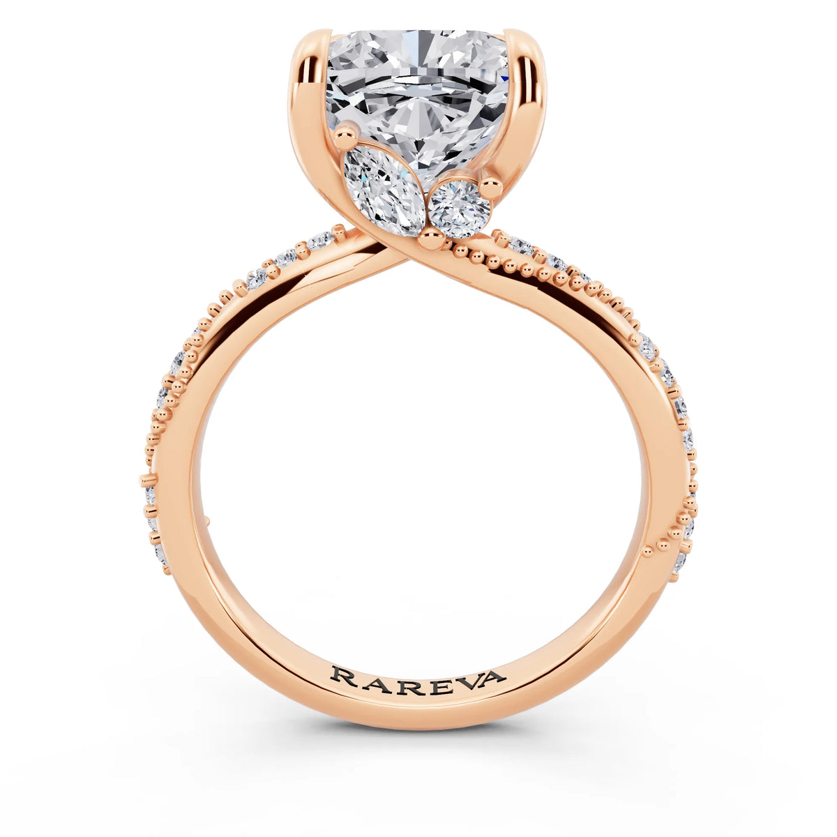 18 KT Rose Gold Cushion Cut Diamond Ring with Marquise Accent - through finger