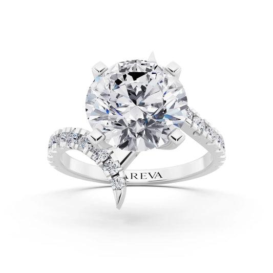 Platinum Round Cut Diamond Solitaire Ring with Pave Band and Accents - Front