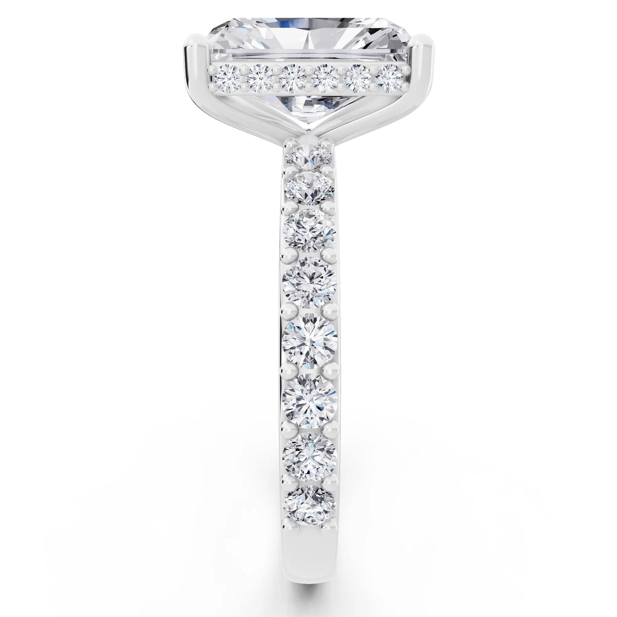 18 KT White Gold Radiant Cut Diamond Solitaire Ring with Hidden Halo and Pave Band - side view