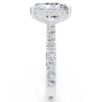 18 KT White Gold Radiant Cut Diamond Solitaire Ring with Hidden Halo and Pave Band - side view