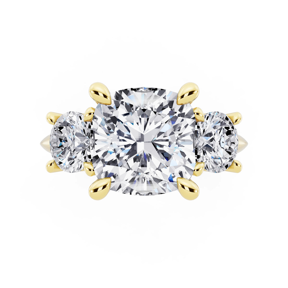 14 KT Yellow Gold Cushion Cut Diamond Three Stone Ring with Round Accents - top angle