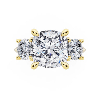 14 KT Yellow Gold Cushion Cut Diamond Three Stone Ring with Round Accents - top angle