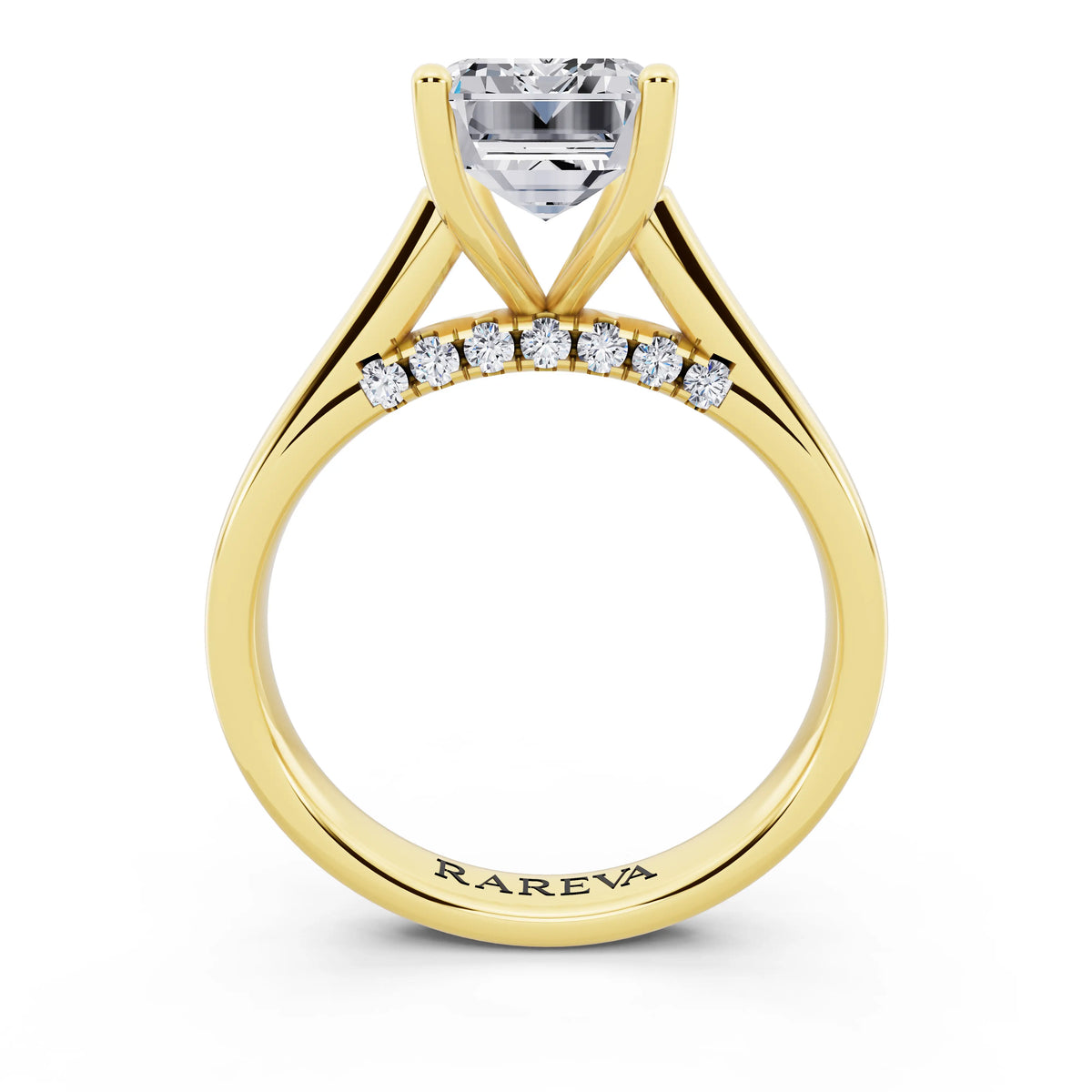 18 KT Yellow Gold Emerald Cut Diamond Solitaire Ring with Hidden Accent - through finger
