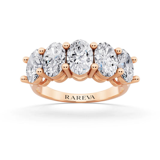 10K Rose Gold Five Stone Oval Cut Diamond Half Eternity Wedding Band - 3mm - Front