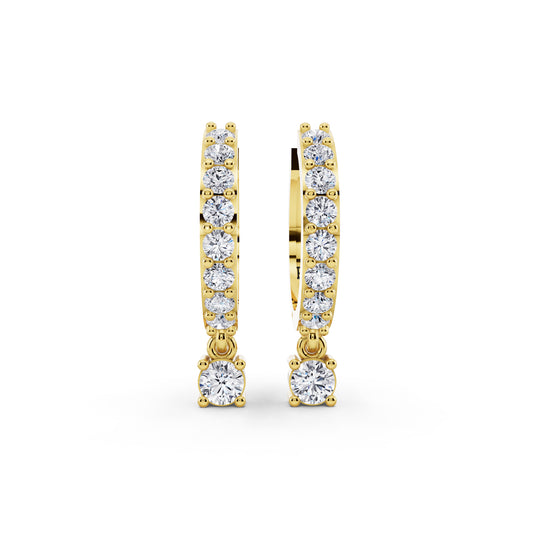 14KT Yellow Gold Diamond Pave Hoop Earrings with Charm Drop - front