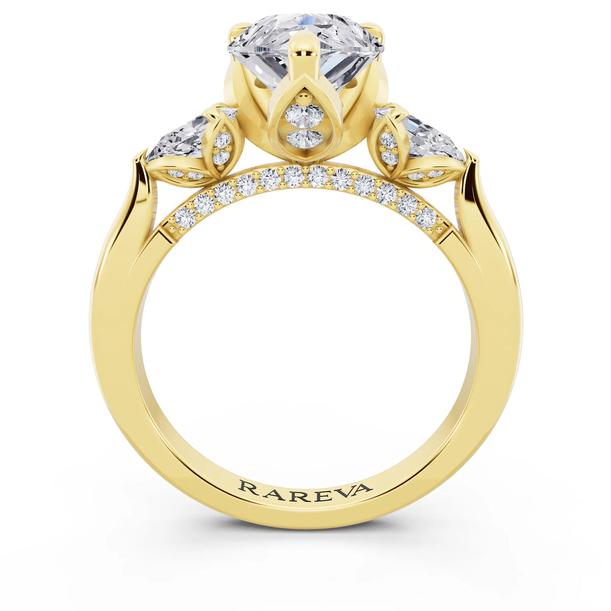 18 KT Yellow Gold Pear Cut Diamond Cluster Engagement Ring with Pear Accents and Pavé Band - through finger