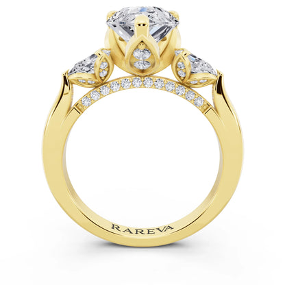 18 KT Yellow Gold Pear Cut Diamond Cluster Engagement Ring with Pear Accents and Pavé Band - through finger