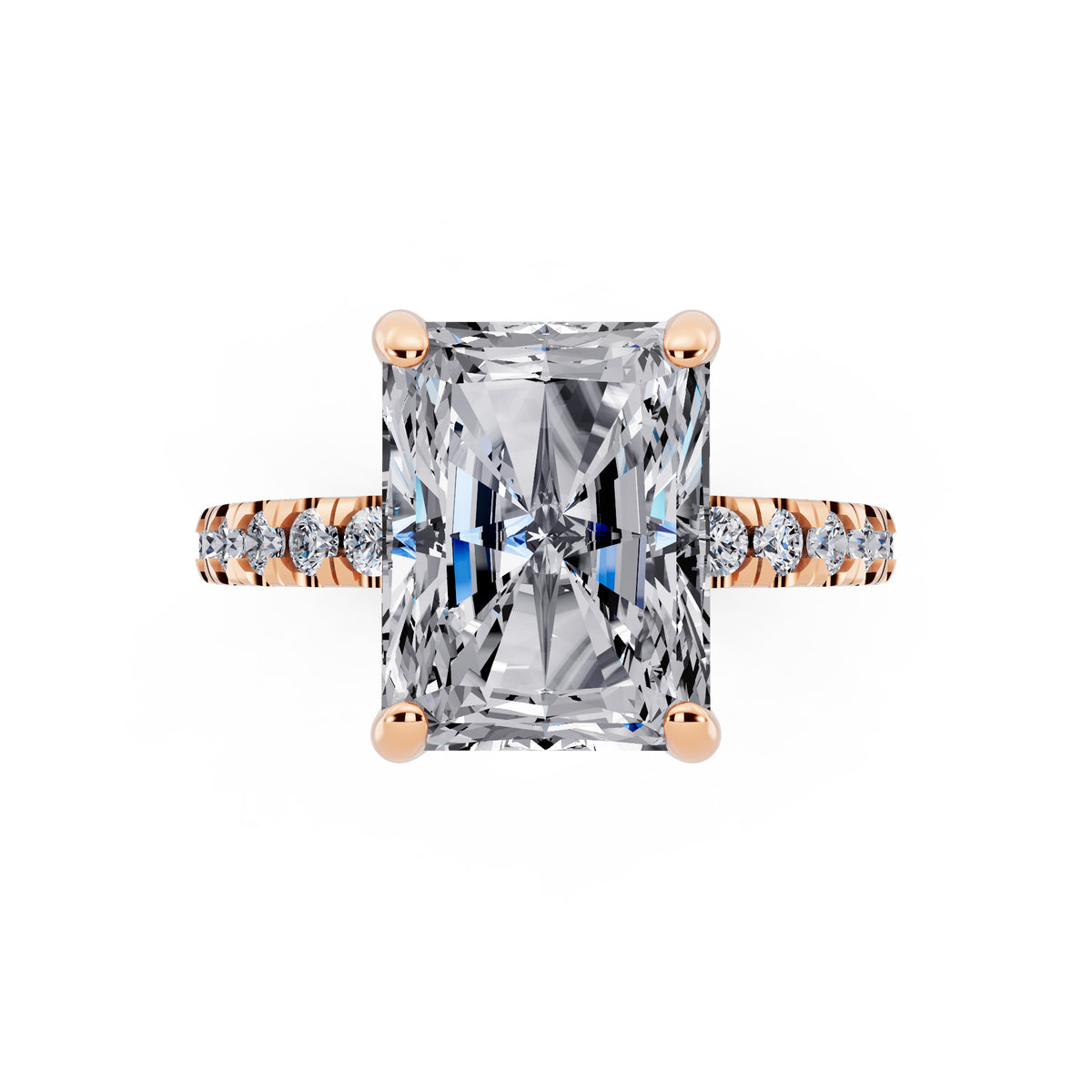 18 KT Rose Gold Radiant Cut Diamond Hidden Halo Ring with Pave Shank - top angle