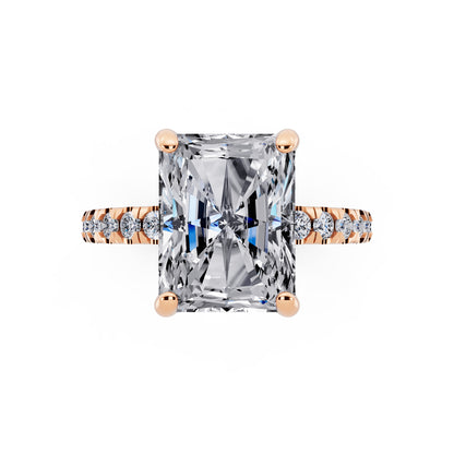 18 KT Rose Gold Radiant Cut Diamond Hidden Halo Ring with Pave Shank - top angle