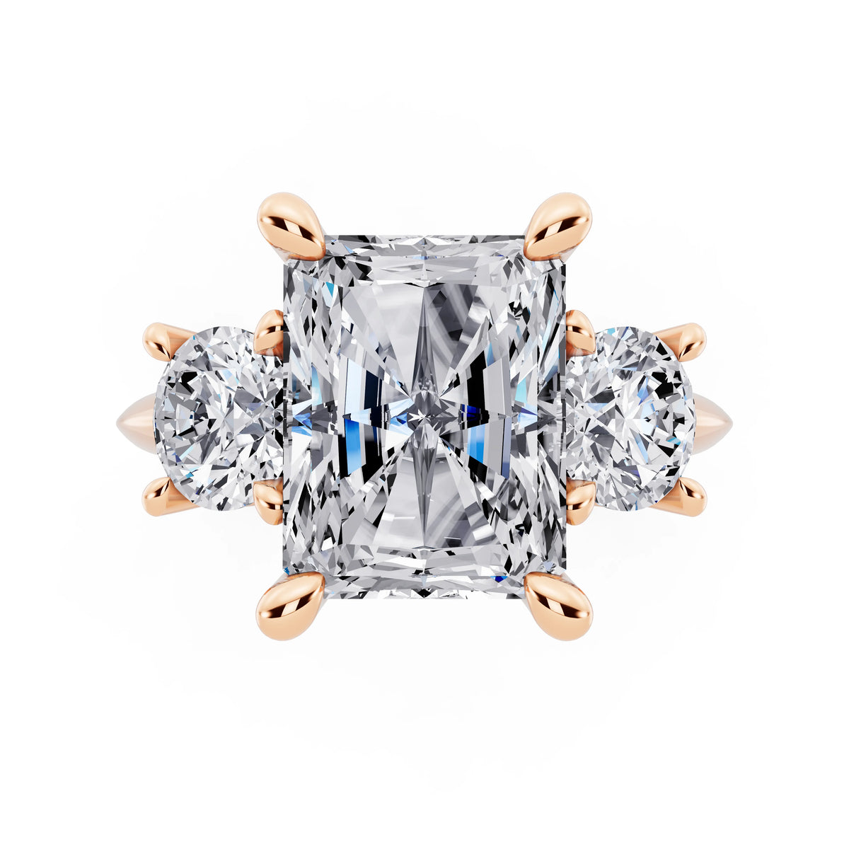 18 KT Rose Gold Radiant Cut Diamond Three Stone Ring with Round Accents - top angle
