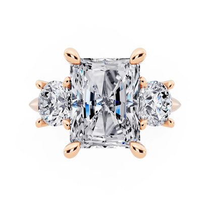 18 KT Rose Gold Radiant Cut Diamond Three Stone Ring with Round Accents - top angle