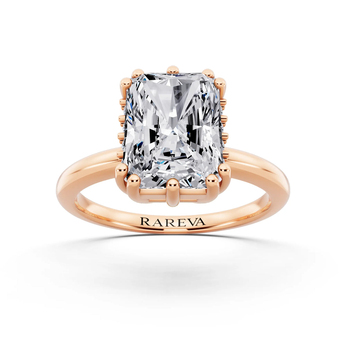 18 KT Rose Gold Radiant Cut Diamond Solitaire Ring with Hidden Accent Basket - front view