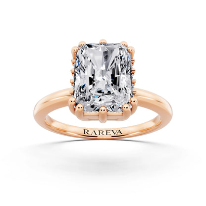 18 KT Rose Gold Radiant Cut Diamond Solitaire Ring with Hidden Accent Basket - front view