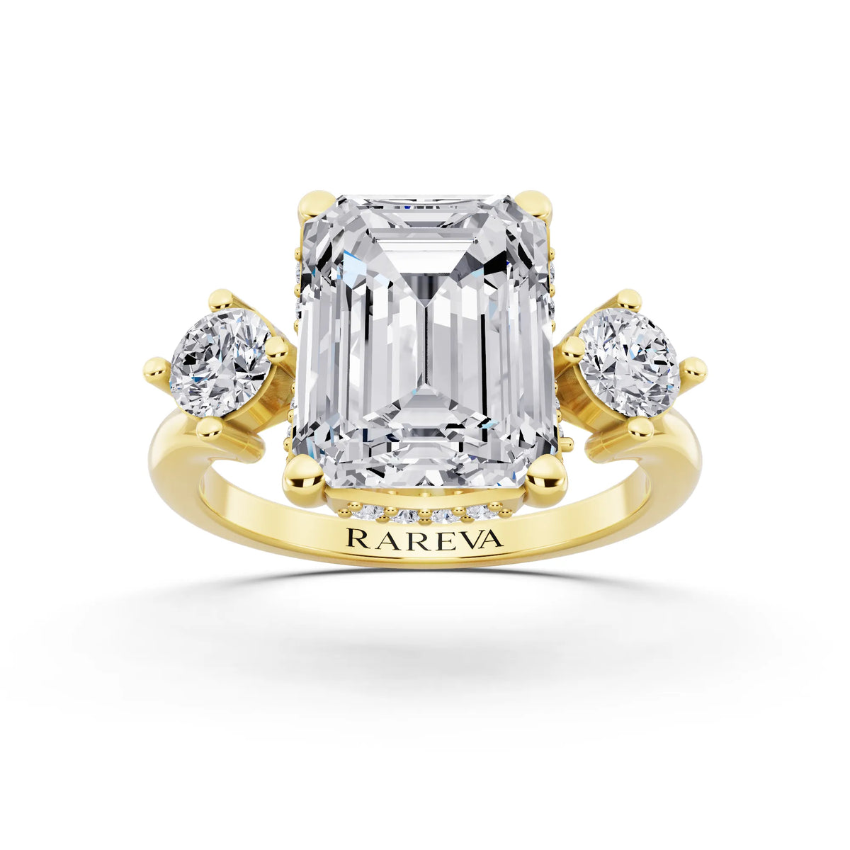 18 KT Yellow Gold Emerald Cut Diamond Three Stone Engagement Ring with Hidden Halo - front view