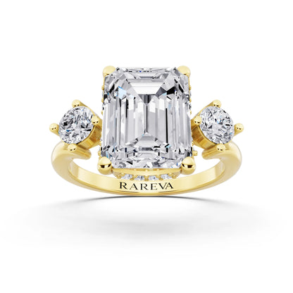 18 KT Yellow Gold Emerald Cut Diamond Three Stone Engagement Ring with Hidden Halo - front view