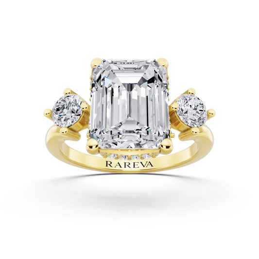 18 KT Yellow Gold Emerald Cut Diamond Three Stone Engagement Ring with Hidden Halo - front view