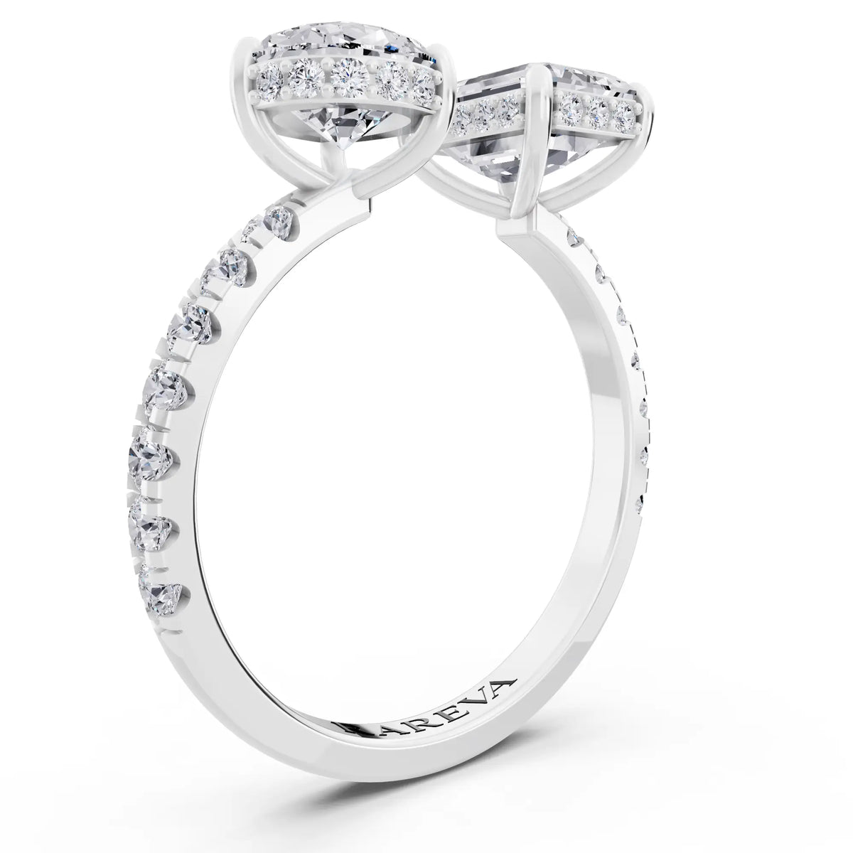 14 KT White Gold Emerald Cut Diamond Toi et Moi Ring with Pave Band - Top view